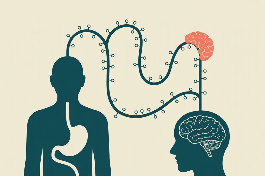 Illustration of the gut-brain signaling loop with small cannabinoid receptor nodes, one flipped to coral — how chronic THC rewires nausea control