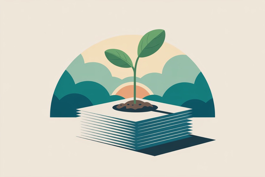 Illustration of a seedling sprouting from a stack of calendar pages in front of a sunrise — recovery building over days and weeks